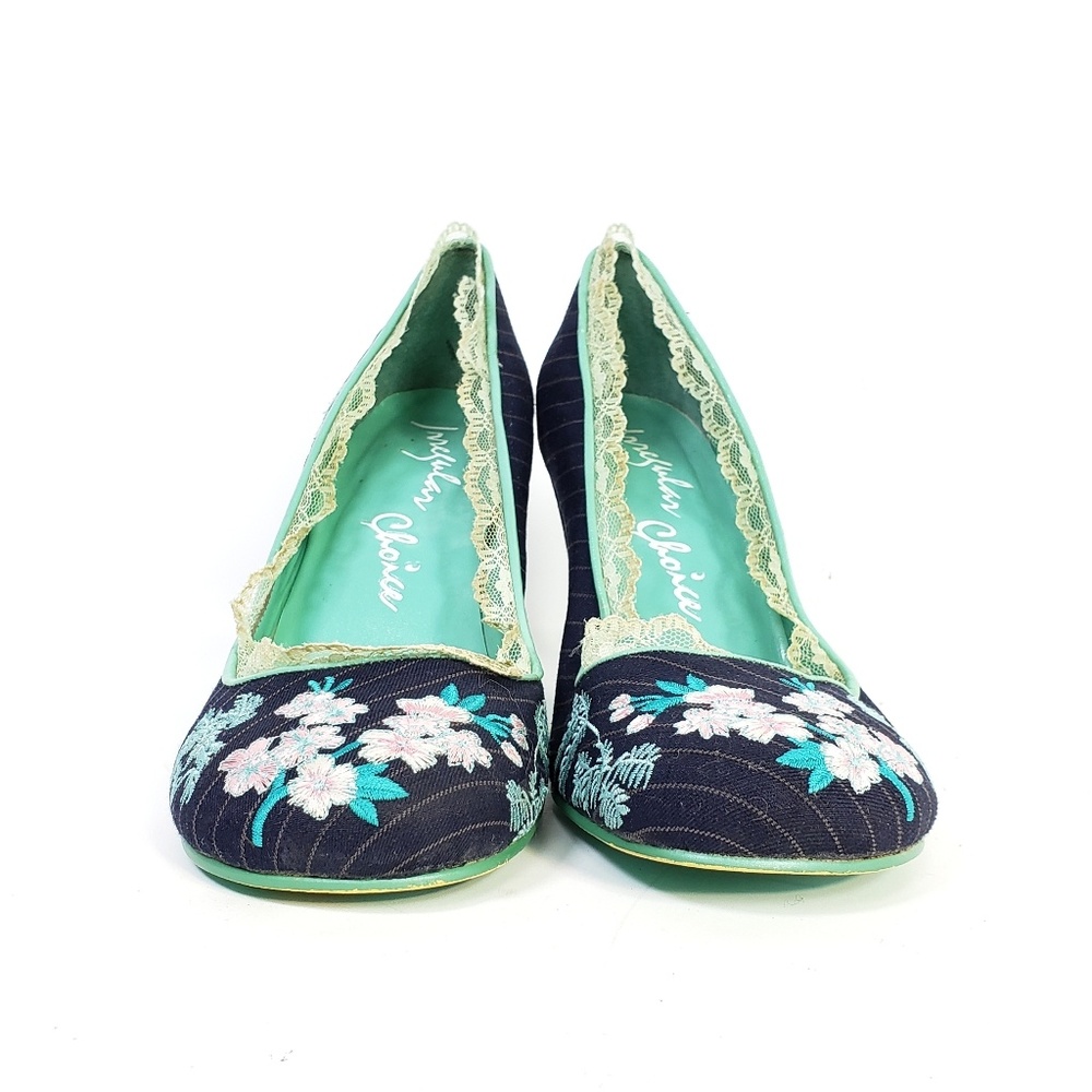 Irregular Choice Lace Trimmed Blue Pinstripe Heels - Picture 3 of 7